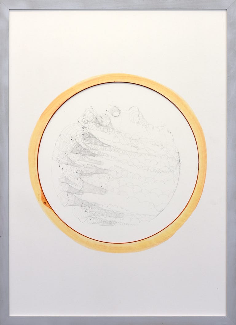 Ein Bild aus der Kreiselserie "fortell - forsee", Mischtechnik auf Papier, 2022, 72 x 52 cm