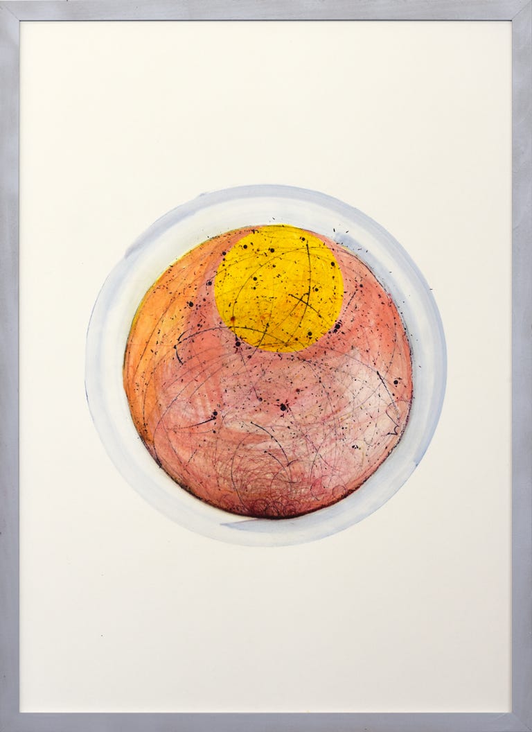 Ein Bild aus der Kreiselserie "fortell - forsee", Mischtechnik auf Papier, 2022, 72 x 52 cm