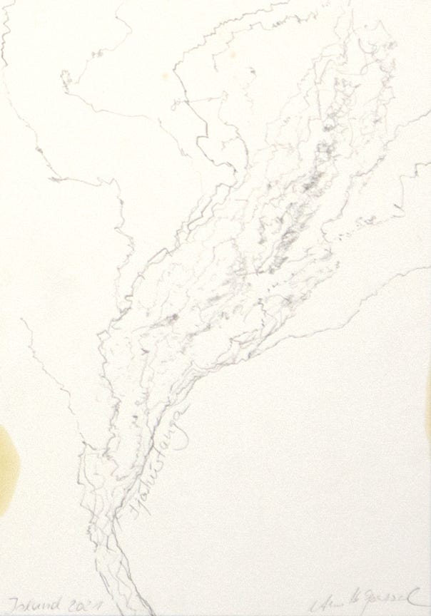 Aus der Serie "O&fflig; the Road", 30 x 21 cm, Bleistift auf Papier, Island, 2021