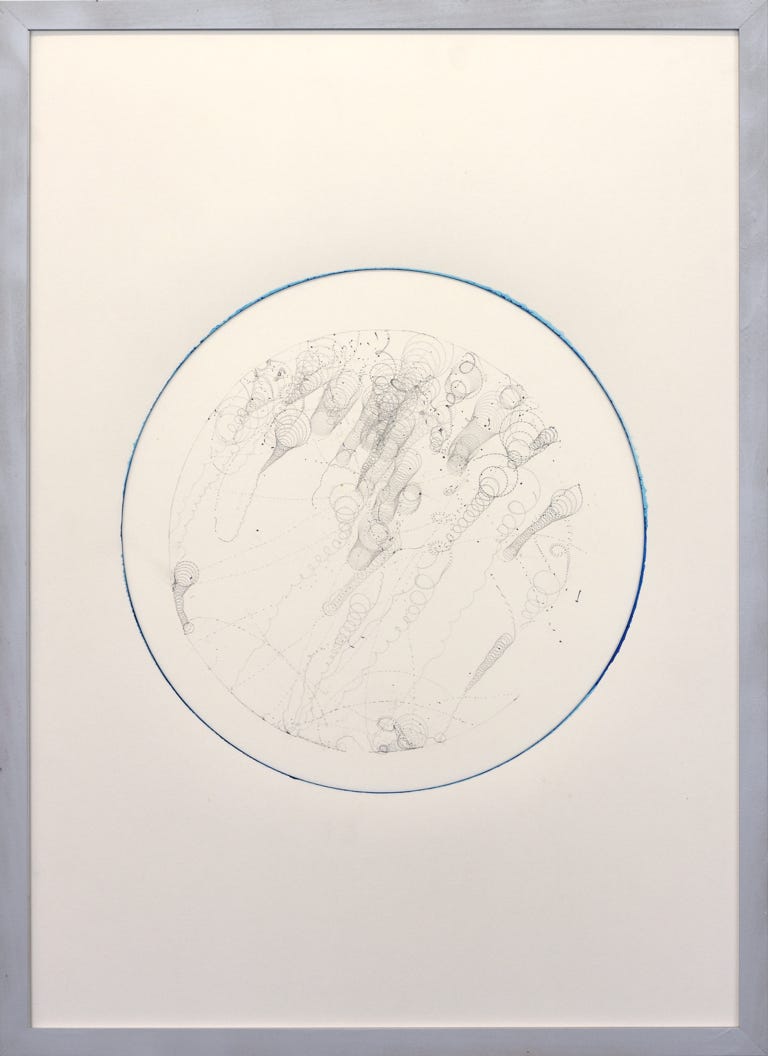 Ein Bild aus der Kreiselserie "fortell - forsee", Mischtechnik auf Papier, 2022, 72 x 52 cm