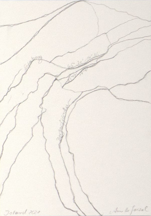 Aus der Serie "O&fflig; the Road", 30 x 21 cm, Bleistift auf Papier, Island, 2021